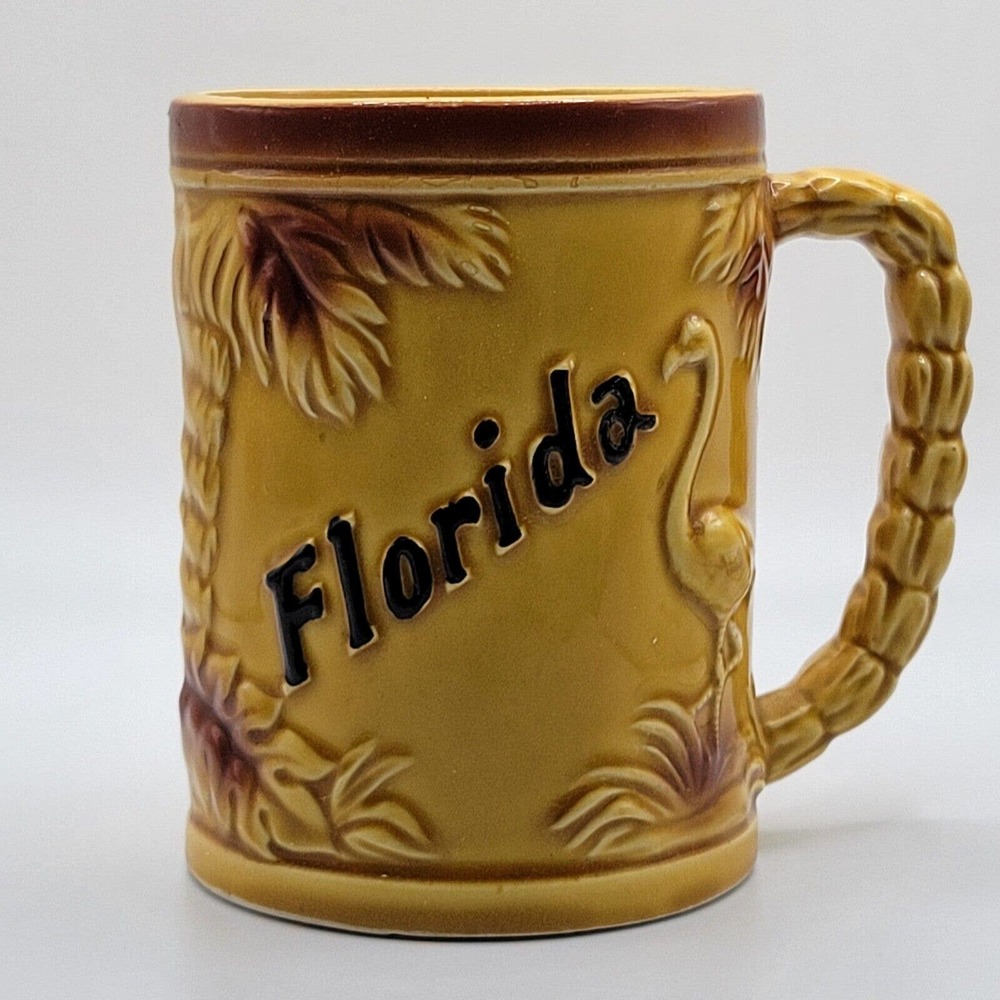 Vintage MCM Souvenir Florida Mug Glazed Gold Raised Relief Tropical Flamingo